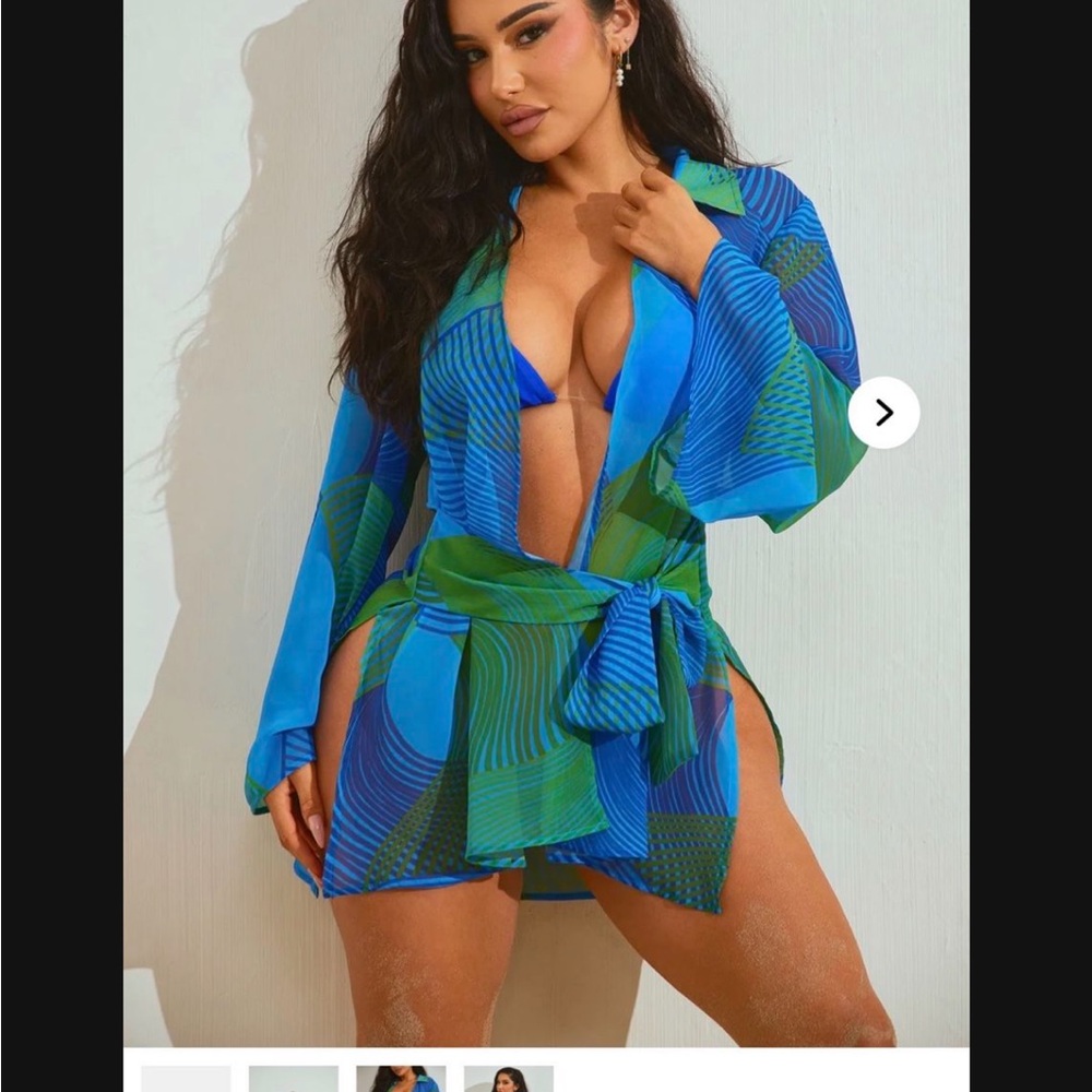 Blue & Green Abstract Print Swim Cover-Up Wrap